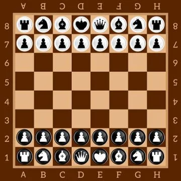 Chess. Table game. Set of black and white figures. Brown checkered board. Illustrazione stock