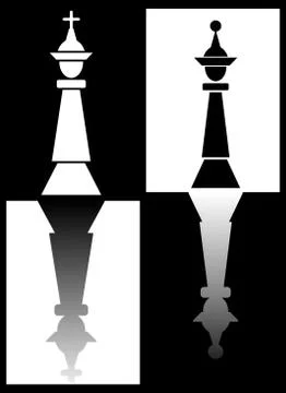 Chess theme with king and queen pieces mirroring on chess fields, black and Stock Illustration