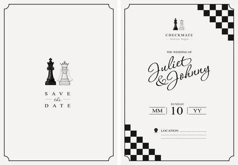 Chess themed wedding invitation template with king and queen pieces Stock Illustration