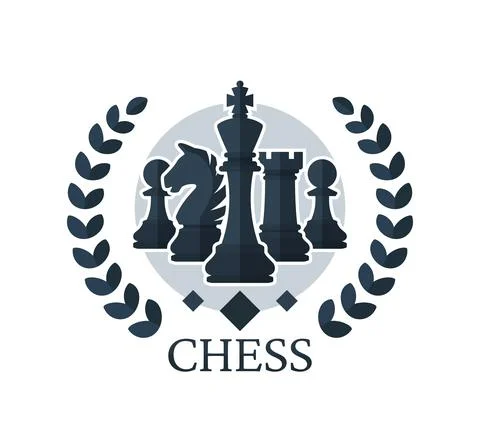 Chess vector emblem. Chess Pieces: King, Knight, Rook, Pawns with a wreath Stock Illustration