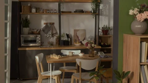 Chessboard on Dining Table in Cozy Family Kitchen Stock Footage 336940901