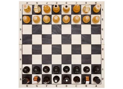 Chessboard with figures isolated on a white background. Top view. Stock Photos