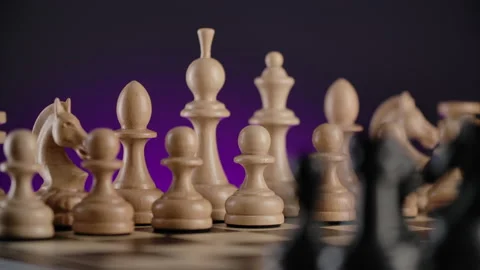 Chessboard with lines of white and black wooden chess figures Stock Footage 166399314