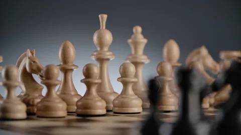Chessboard with lines of white and black wooden chess figures Stock Footage 166399490