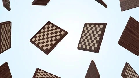 Chessboards Falling on a Light Blue Background. Chess Board 3D Animation. 4K Stock Footage 304271467