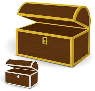 Chest 3d vector, Empty wooden chest with gold and silver metal frames and key Stock-Illustration