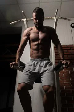 Chest And Triceps Exercise on Parallel Bars Stock Photos