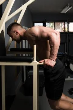 Chest And Triceps Exercise on Parallel Bars Stock Photos