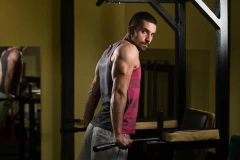 Chest And Triceps Exercise on Parallel Bars Foto stock
