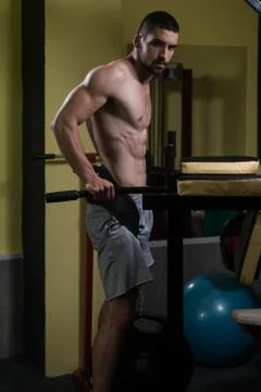 Chest And Triceps Exercise on Parallel Bars Foto stock