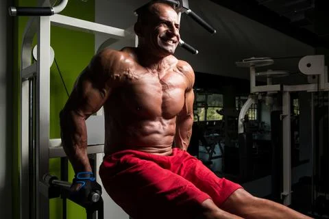 Chest And Triceps Exercise on Parallel Bars Stock Photos