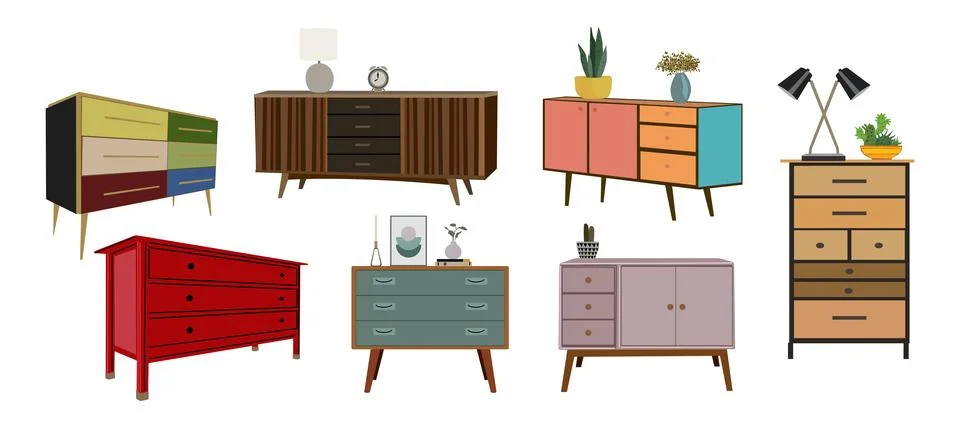 Chest of drawer, bedside table set interior design Illustrazione stock
