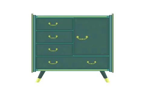 Chest of drawers isolated on white background. Green wooden commode on legs. Stock Illustration