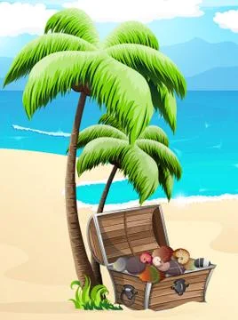 Chest with seashells on a tropical beach Stock Illustration