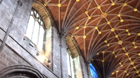 Chester cathedral interior with Christmas trees and organ music. Stock Footage