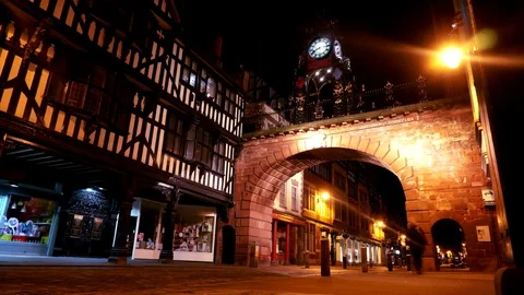 Chester Night Eastgate Clock Time ticking. Traffic rush. England United Kingdom Stock Footage