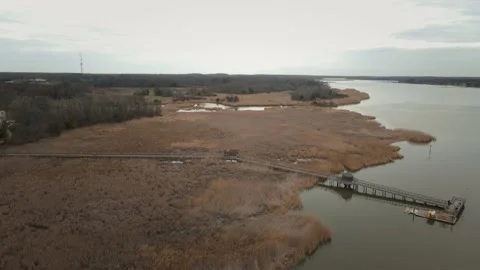 Chestertown River flyover pier drone video cloudy day winter 2023 Stock Footage 236591904