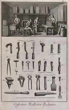 Chestmakers' workshop: interior view, and a selection of tools used. Etching. Stock Illustration