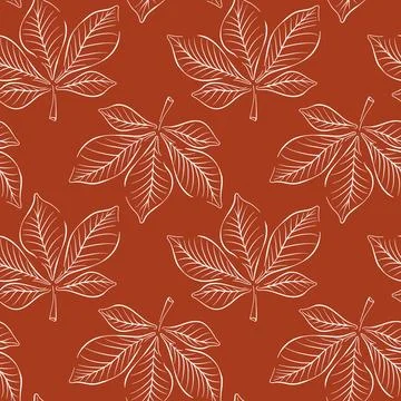 Chestnut autumn leaf seamless pattern in line art style. Design for seasonal Stock Illustration