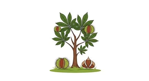 Chestnut tree drawing with spiky shells and seeds on green grass against wh.. Illustrazione stock