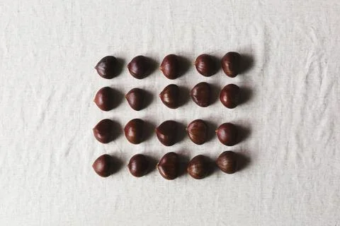 Chestnuts lined up in a flatlay Stock Photos