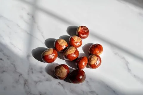 Chestnuts on marble surface Stock Photos