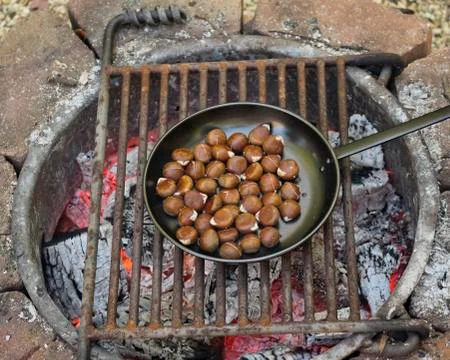 Chestnuts roasting on an open fire Stock Photos