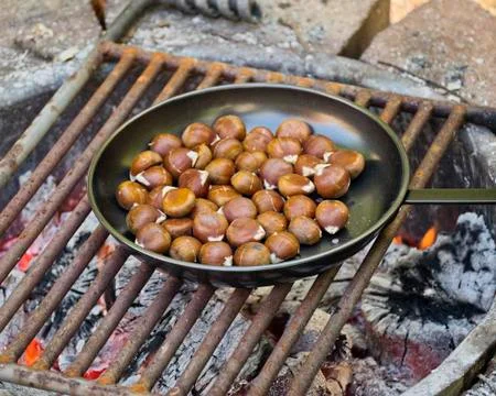 Chestnuts roasting on an open fire Stock Photos