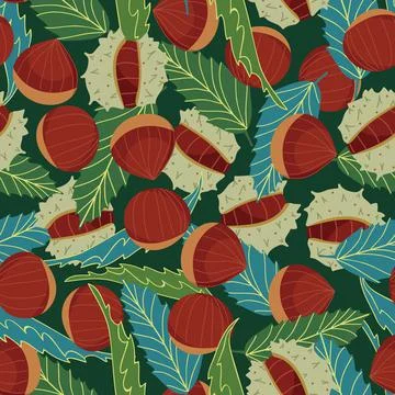 Chestnuts seamless vector pattern on green background Stock Illustration