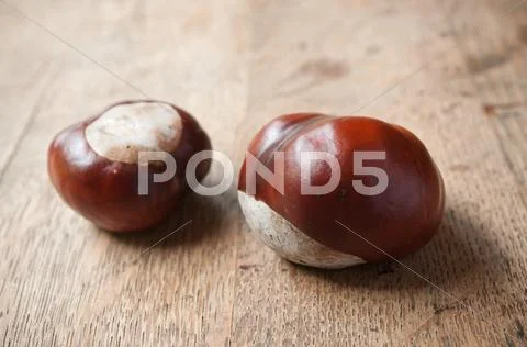 Chestnuts on wooden background Stock Photos