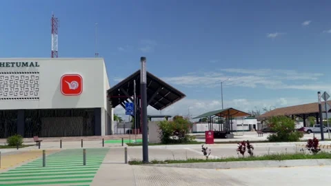 Chetumal Maya Train Station Facade Panning Shot on Cloudy Day 스톡 동영상 335969222