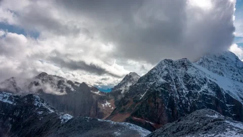 Chevron Mountain Summit Epic Snow Clouds Jasper Time Lapse 4K Stock Footage 134219768
