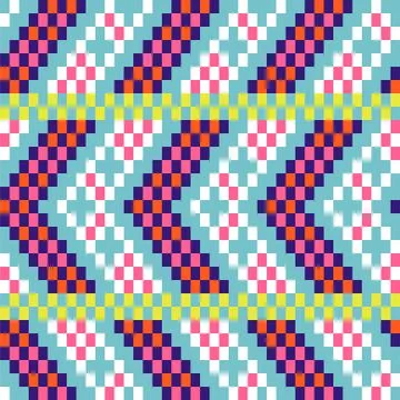 Chevron pixel art seamless pattern blue purple blocks shapes texture. Stock Illustration