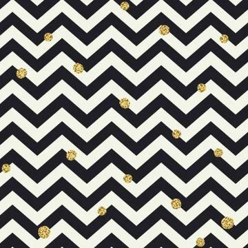 Chevron seamless pattern. Black zigzag lines and golden dots 스톡 일러스트