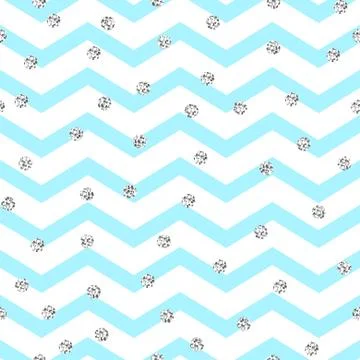 Chevron zigzag blue and white seamless pattern with gsilver shimmer polka dots Illustrazione stock
