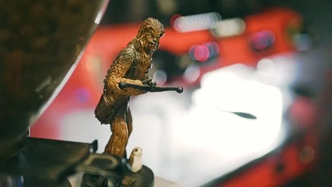 Chewbacca statuette with bow in cafe Stock Footage 115699272