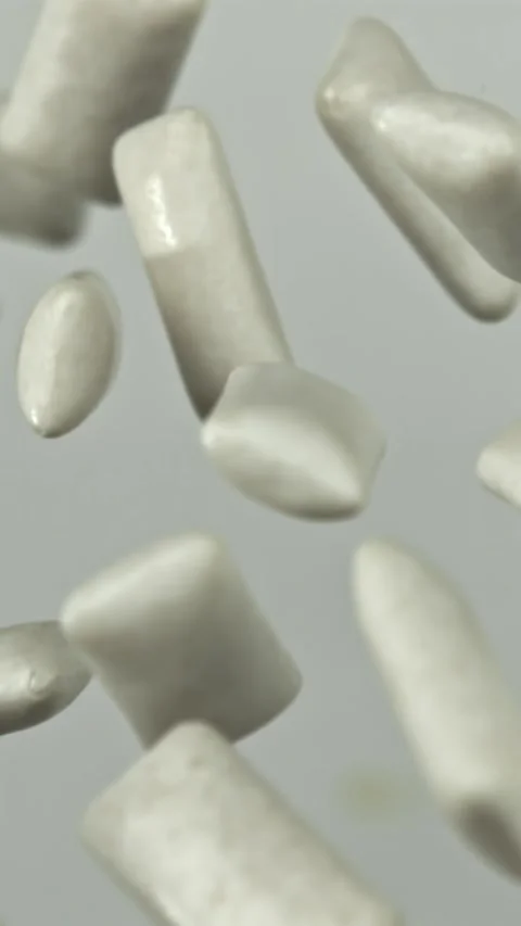 Chewing gum flies on a white background. Filmed on a high-speed camera at 1000 Stock Footage 335382374