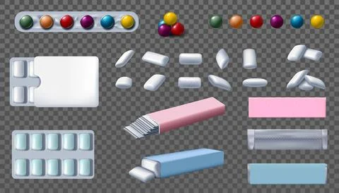 Chewing gum pack. Bubble balls. Blister and wrapper. Realistic candy in foil 스톡 일러스트