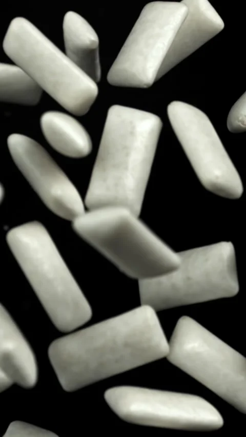 Chewing gums fly on a black background. Filmed on a high-speed camera at 1000 Stock Footage 335379961
