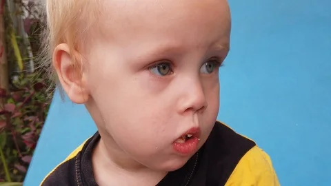 Chews a two-year-old boy close-up, in slow motion. Stock Footage 105594715
