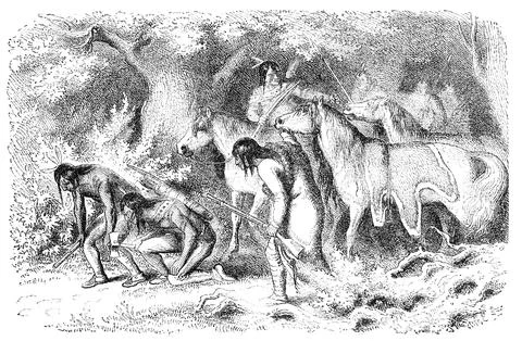 Cheyenne Native Americans tracking their enemy. Engraving by unknown artist from Illustrazione stock