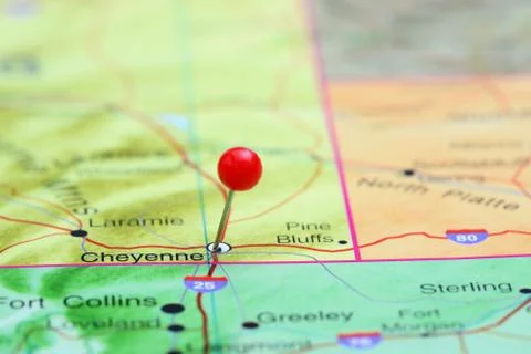Cheyenne pinned on a map of USA Stock Photos