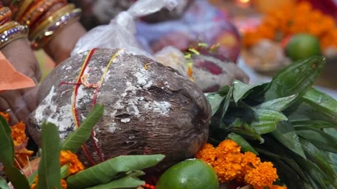 Chhath Puja Prasad Kept at River Ghat During Evening Ritual Stock Footage 330572546