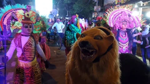 Chhou dance is a flok dance, performing on road  as a ritual Stock Footage 220045674