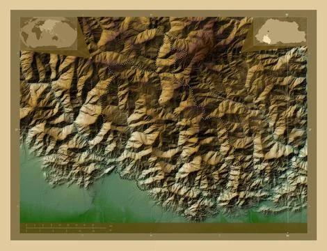 Chhukha, Bhutan. Colored elevation map with lakes and rivers Illustrazione stock