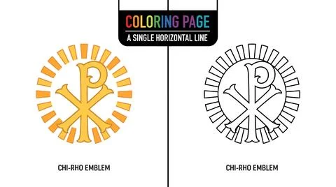 Chi Rho emblem coloring page with sunburst rays and text. Christian symbol il イラスト素材