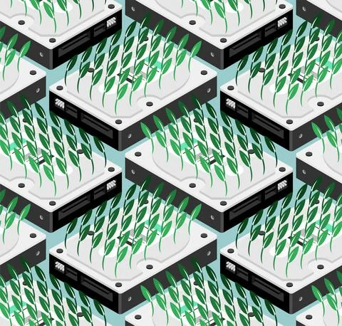 Chia coin pattern seamless. Sprouts seedling hard drive. Mining cryptocurrenc Stock Illustration