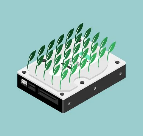 Chia coin plotting hdd. Sprouts seedling hard drive. Mining cryptocurrency on Stock Illustration