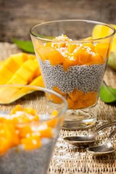 Chia pudding  and mango pieces Stock Photos