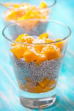 Chia pudding  and mango pieces Stock Photos